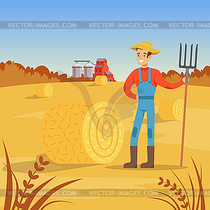 Farmer man standing with pitchfork near of hay bale - vector clipart