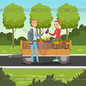 Женщина-фермер, продавая овощи из деревянной тележки, - рисунок в векторе