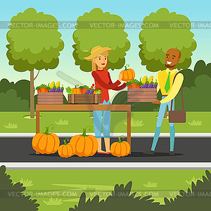 Farmer woman selling vegetables on her stall, - vector clipart