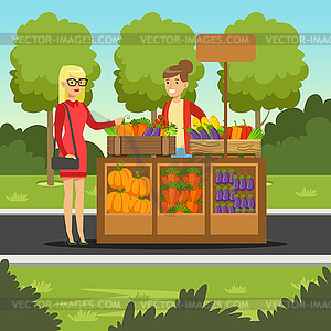 Cheerful farmer woman selling vegetables on her - vector image