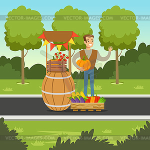 Веселый фермер, продающий овощи на стойке - изображение в векторном формате