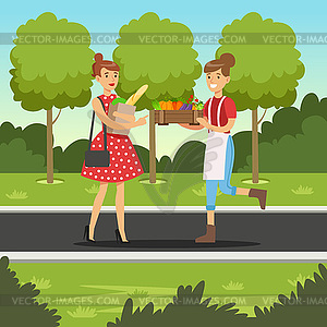 Beautiful woman buying fresh vegetables of female - vector clipart