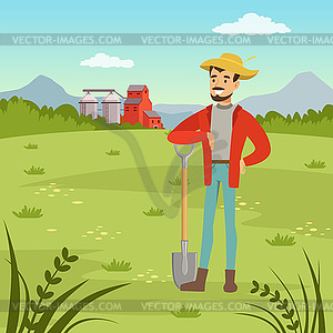 Farmer man standing with shovel, agriculture and - vector clipart