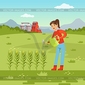 Farmer woman watering corn plants with watering can - vector image