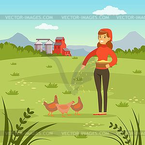 Farmer woman feeding hens with corn, agriculture an - vector clipart