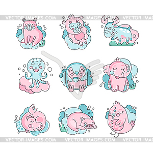 Cute funny cartoon baby animals sleeping set, - color vector clipart