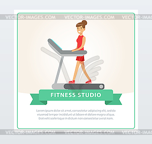 Young woman walking on thread mill, fitness studio - vector image