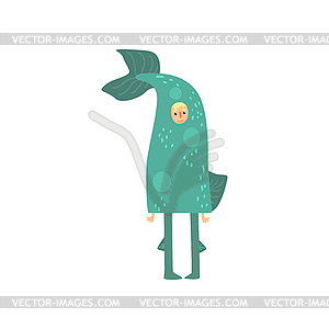 Уродный персонаж в забавном рыбном костюме, причудливый - векторное изображение EPS