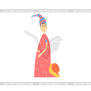 Freak man character in funny snail costume, freaky - vector image
