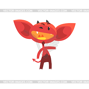 Funny red devil with little horns, big ears and tai - vector image