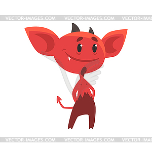 Flat smiling red devil standing with arms akimbo. - vector clip art