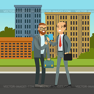 Two male friends or colleagues meeting on city - vector image