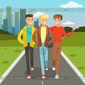 Three male friends talking and smiling while walkin - vector image