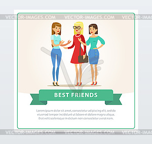 Three happy female friends talking, best friends - vector clipart