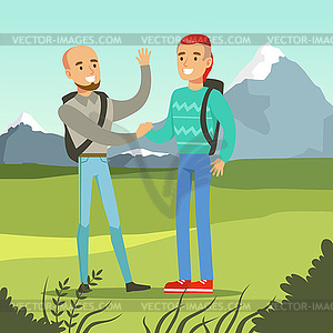 Two smiling best male friends meeting on nature - vector clipart