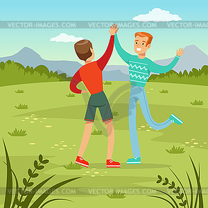 Two happy best male friends meeting on nature - vector image