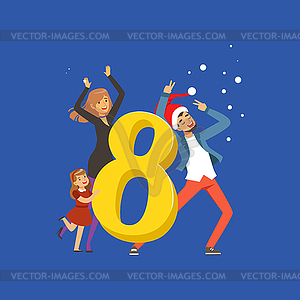 Number Eight and happy family celebrating New Year - vector clip art