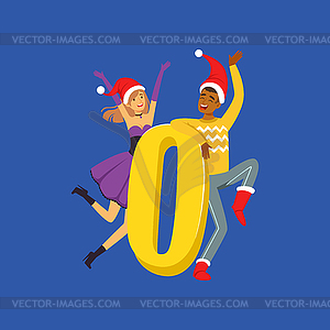 Количество Ноль и счастливые люди в красных шапках Санта - клипарт в векторе