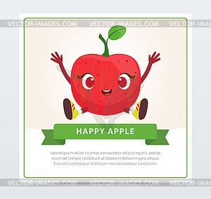 Cute humanized red apple fruit character, happy - vector clipart