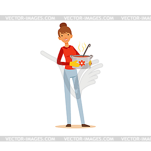 Young woman standing with pot of soup, housewife - stock vector clipart