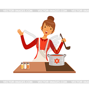 Young woman with ladle cooking soup, housewife - vector image
