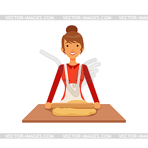 Молодая женщина, прокат тесто, домохозяйка девушка приготовления - изображение в векторе