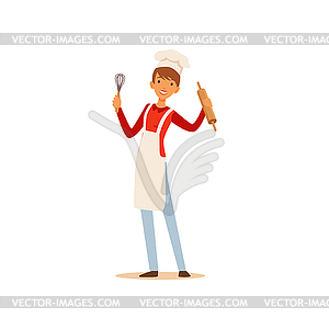 Young woman in white apron and chef hat standing an - vector image
