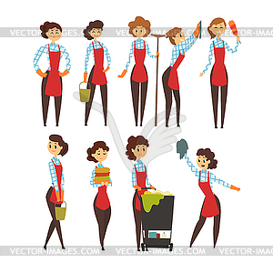 Female professional cleaner set, cleaning company - vector clipart