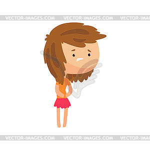 Unhappy girl suffering of stomach ache cartoon - vector image