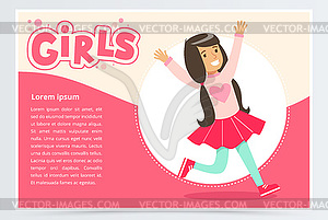 Cute happy brunette girl smiling, girls banner - vector clip art