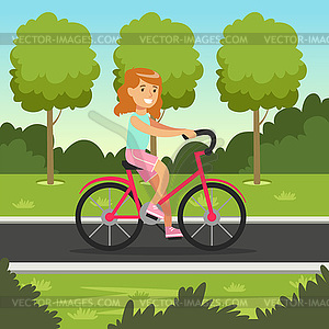 Smiling redhead girl cycling on bicycle in park, - vector clipart