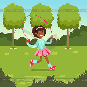 Cute smiling african girl jumping with skipping rop - vector image