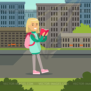 Cute blonde girl with backpack walking and reading - vector image
