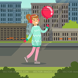 Beautiful smiling gtirl with pink balloon walking o - vector EPS clipart