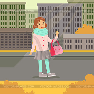 Cute smiling girl in fashion clothes walking on cit - vector clipart