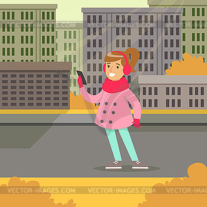Beautiful smiling girl in fashion clothes walking - vector image