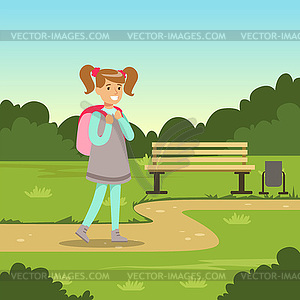 Beautiful smiling girl with backpack walking in cit - vector image