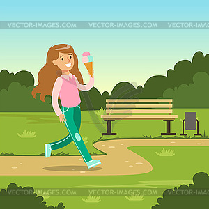 Cute smiling girl eating ice cream while walking - vector clip art