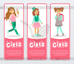 Cute happy girls in different situations, girls - vector clipart