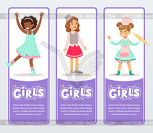 Beautiful smiling girls banners set flat element fo - vector EPS clipart