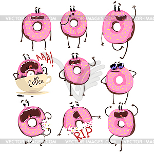 Funny pink donut cartoon character set, cute - stock vector clipart