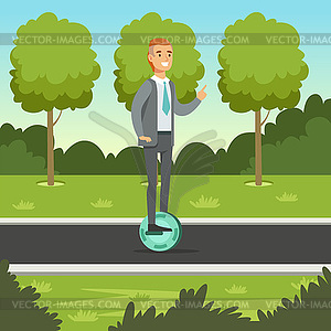 Businessman riding on one wheel electric scooter - vector clipart