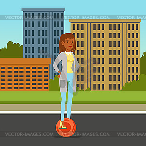 Fashionable woman riding on one wheel electric - royalty-free vector image