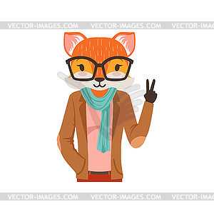 Cute fashion fox guy character showing victory sign - vector image