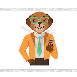 Cute fashion dog man character holding coffee cup, - vector image