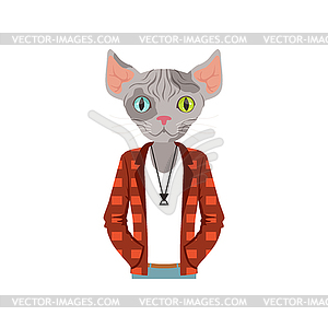 Cute fashion sphinx cat guy character dressed up - vector clipart