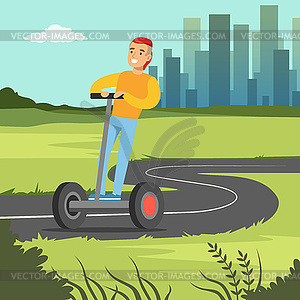 Young smiling man riding on segway scooter on city - vector clip art