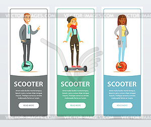 People riding on modern electric self balancing - vector clipart