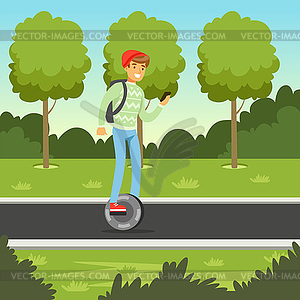 Young man riding on gyroscope in park, man on self - vector image