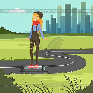 Girl riding on gyroscope on city background, - vector clipart